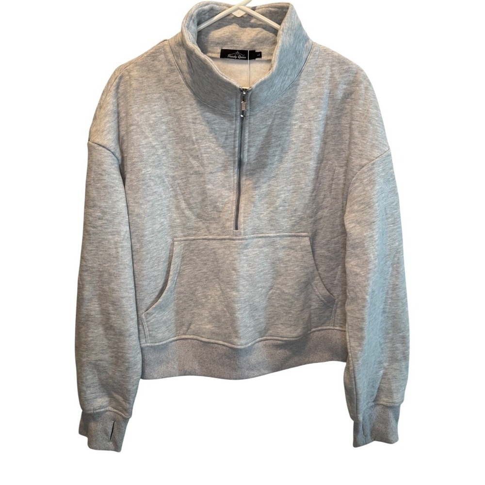 Trendy Queen Womens Grey Pullover Half Zip Fleece Thumbhole Sweatshirt L NEW